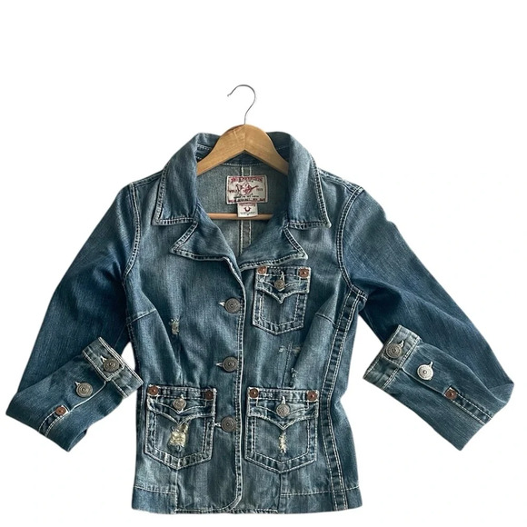 True Religion Distressed Moto Blue Denim Women's Jacket Size Small - Picture 2 of 8